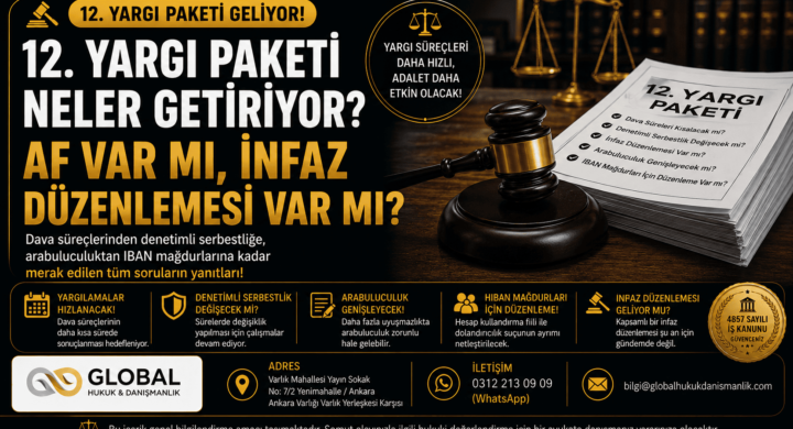 12.Yargı Paketi hakkında af, infaz düzenlemesi, denetimli serbestlik, arabuluculuk ve dava süreçlerine ilişkin merak edilen soruları içeren hukuk temalı bilgilendirme görseli.