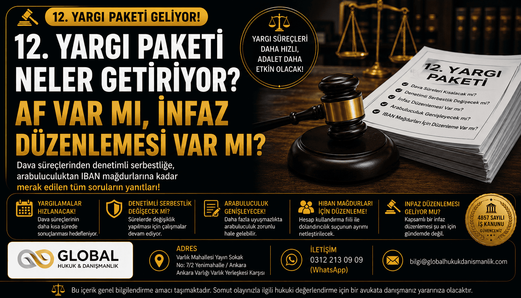 12.Yargı Paketi hakkında af, infaz düzenlemesi, denetimli serbestlik, arabuluculuk ve dava süreçlerine ilişkin merak edilen soruları içeren hukuk temalı bilgilendirme görseli.
