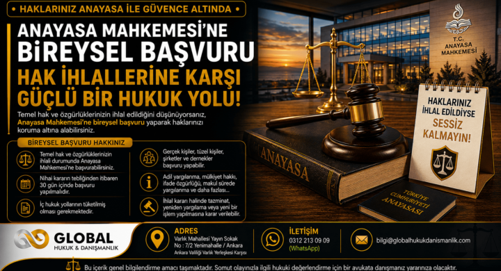 Anayasa Mahkemesi bireysel başvuru sürecini anlatan, hak ihlalleri, 30 günlük süre ve temel hakların korunmasına ilişkin siyah ve altın tonlarda hazırlanmış hukuk görseli.