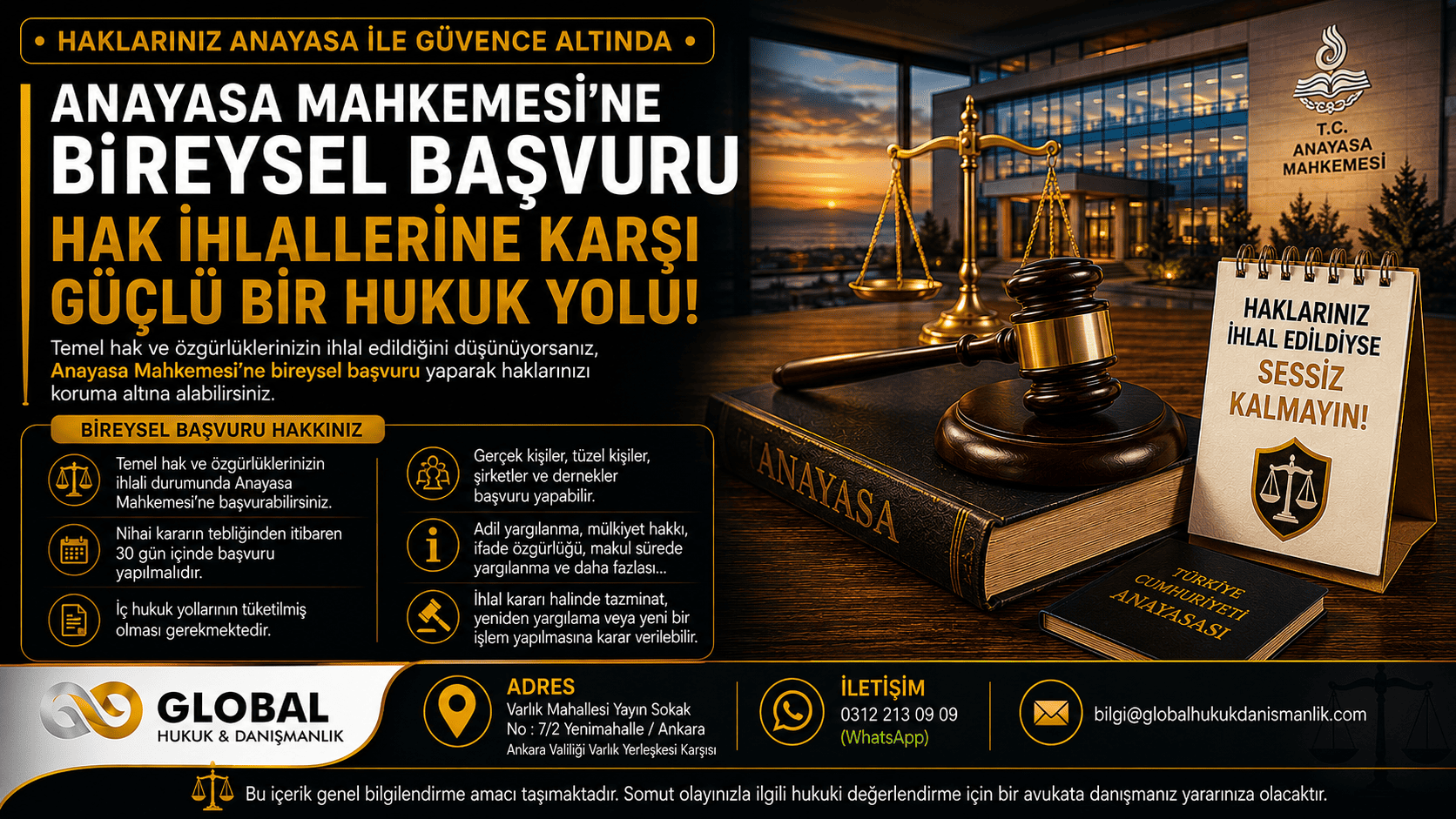 Anayasa Mahkemesi bireysel başvuru sürecini anlatan, hak ihlalleri, 30 günlük süre ve temel hakların korunmasına ilişkin siyah ve altın tonlarda hazırlanmış hukuk görseli.
