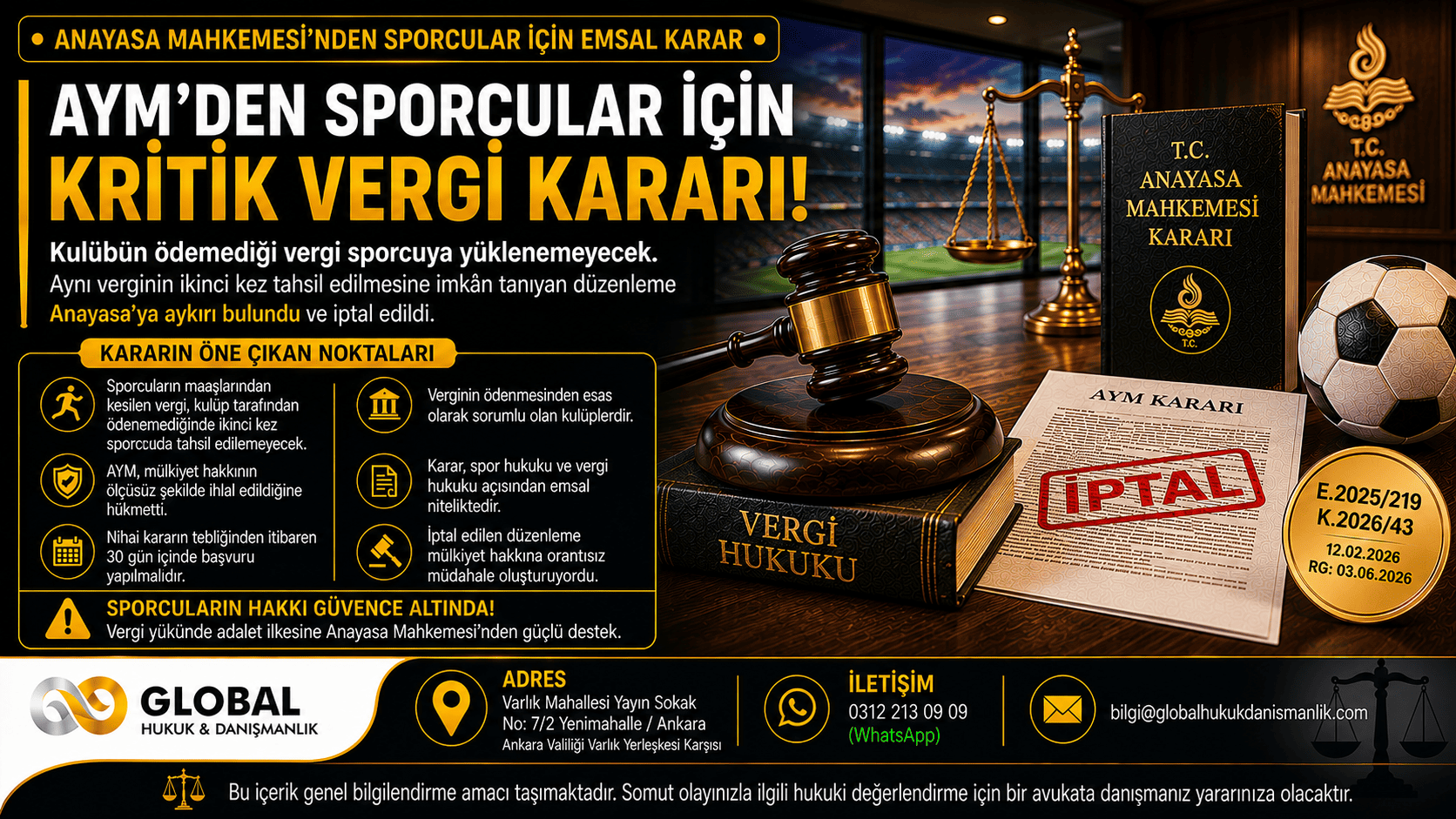 Anayasa Mahkemesi’nin sporcuların ücretlerinden kesilen ancak kulüpler tarafından ödenmeyen vergilere ilişkin iptal kararını konu alan hukuk görseli.
