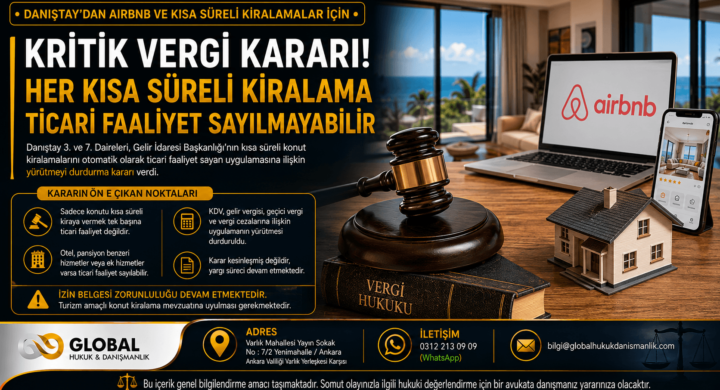 Danıştay’ın Airbnb ve kısa süreli konut kiralamalarına ilişkin verdiği yeni vergi kararını anlatan hukuk temalı görsel.