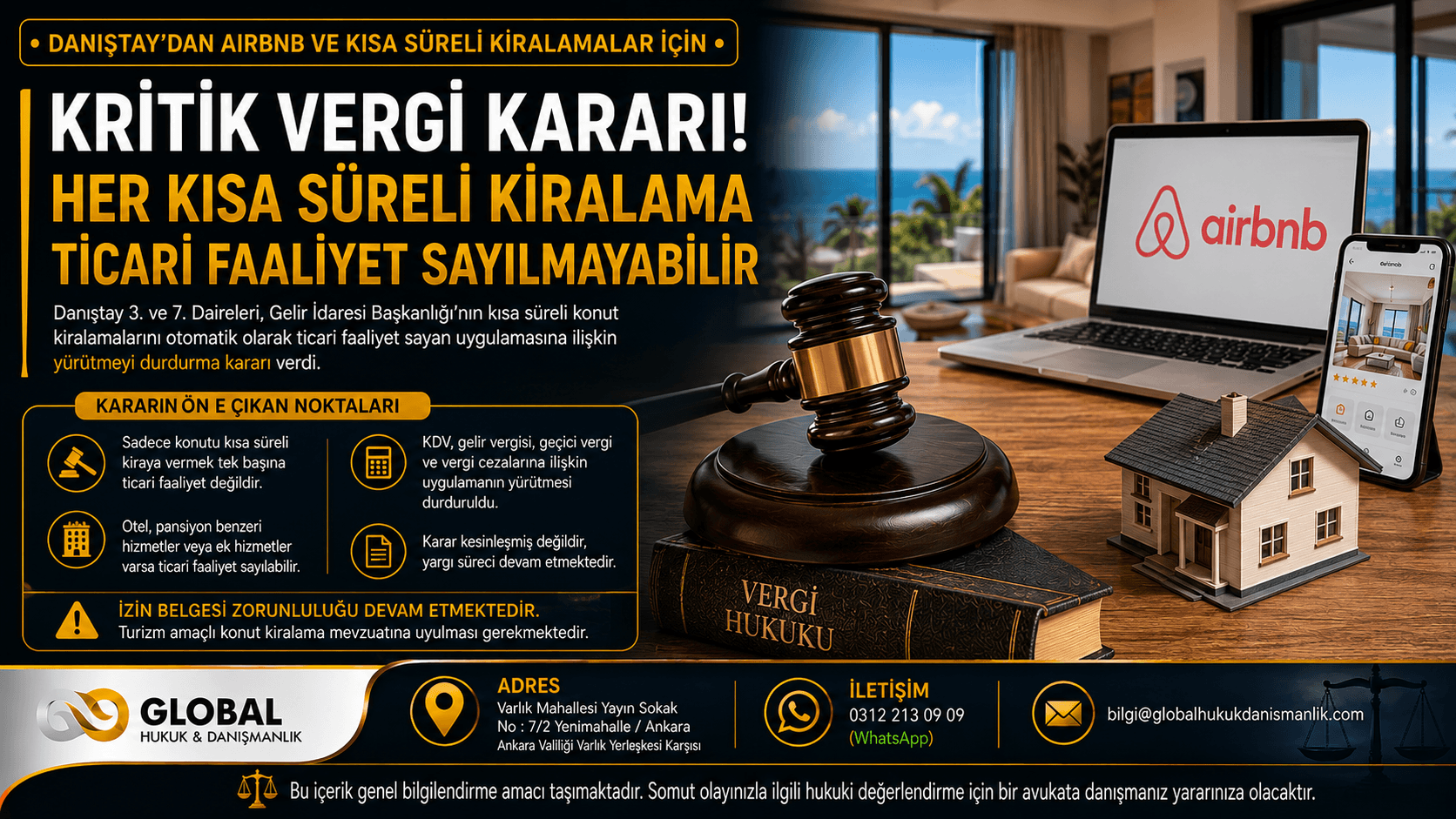 Danıştay’ın Airbnb ve kısa süreli konut kiralamalarına ilişkin verdiği yeni vergi kararını anlatan hukuk temalı görsel.