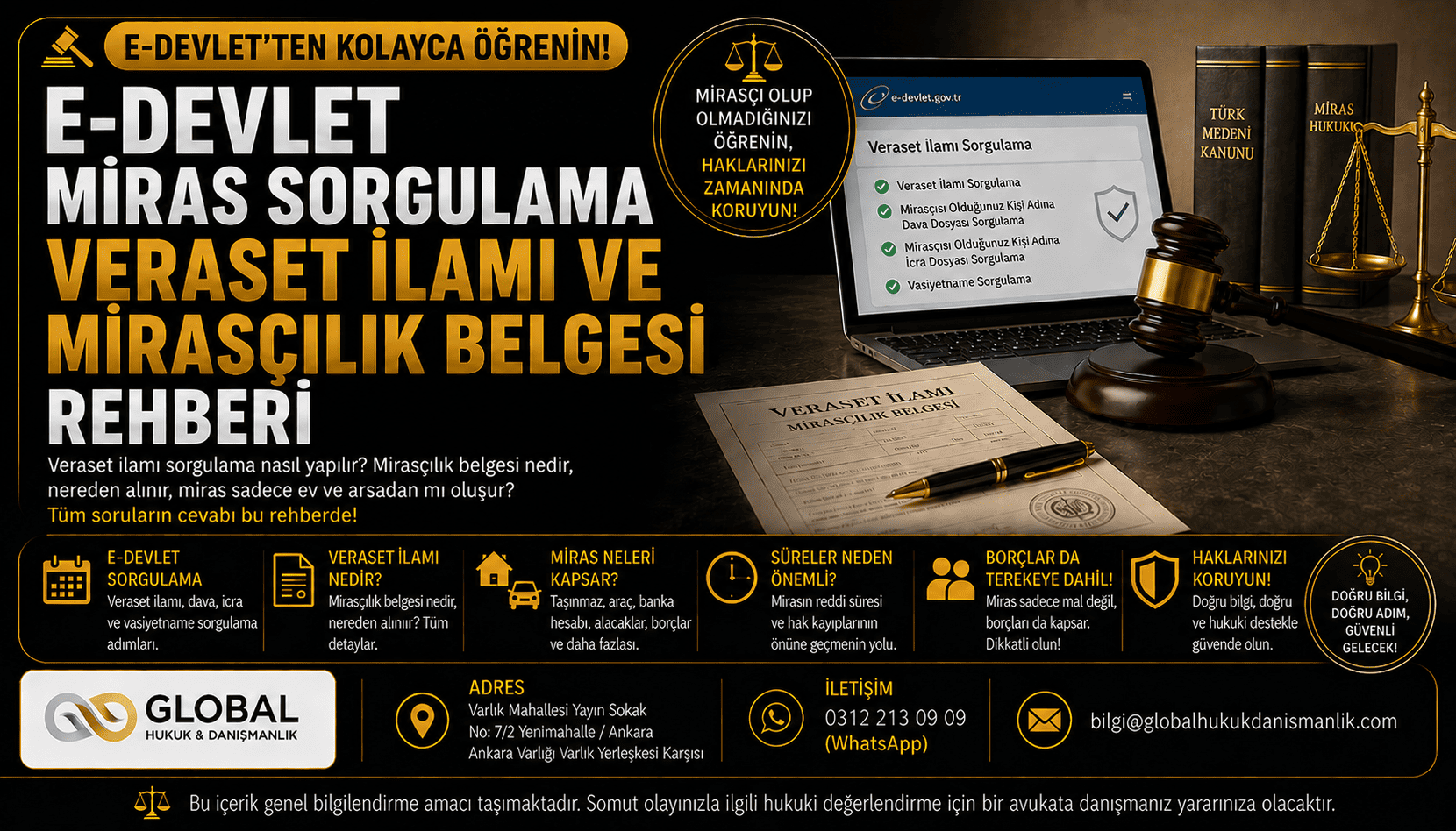 E-Devlet üzerinden veraset ilamı sorgulama, mirasçılık belgesi ve miras işlemleri hakkında bilgilendirme görseli.