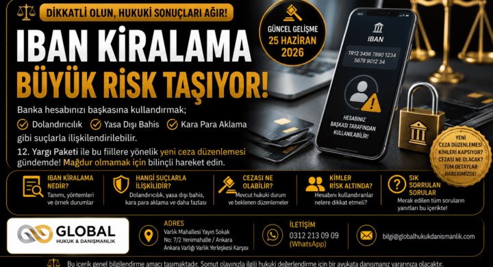 IBAN kiralama nedir? Banka hesabını veya IBAN bilgisini başkasına kullandırmanın hukuki sonuçları, dolandırıcılık soruşturmaları, MASAK incelemeleri ve 2026 güncel hukuki değerlendirmeleri hakkında bilgilendirici görsel.