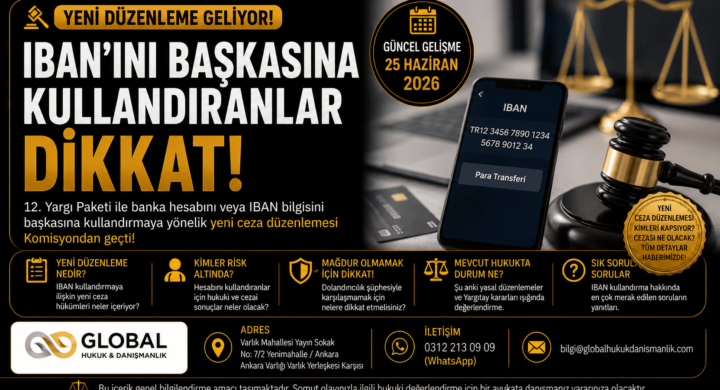 Global Hukuk & Danışmanlık tarafından hazırlanan bu bilgilendirici görsel, 12. Yargı Paketi kapsamında gündeme gelen IBAN ve banka hesabını başkasına kullandırmaya ilişkin yeni düzenlemeyi özetlemektedir. Görselde düzenlemenin amacı, kimleri ilgilendirdiği, mevcut hukukta durum ve vatandaşların dikkat etmesi gereken hususlar öne çıkarılmıştır.