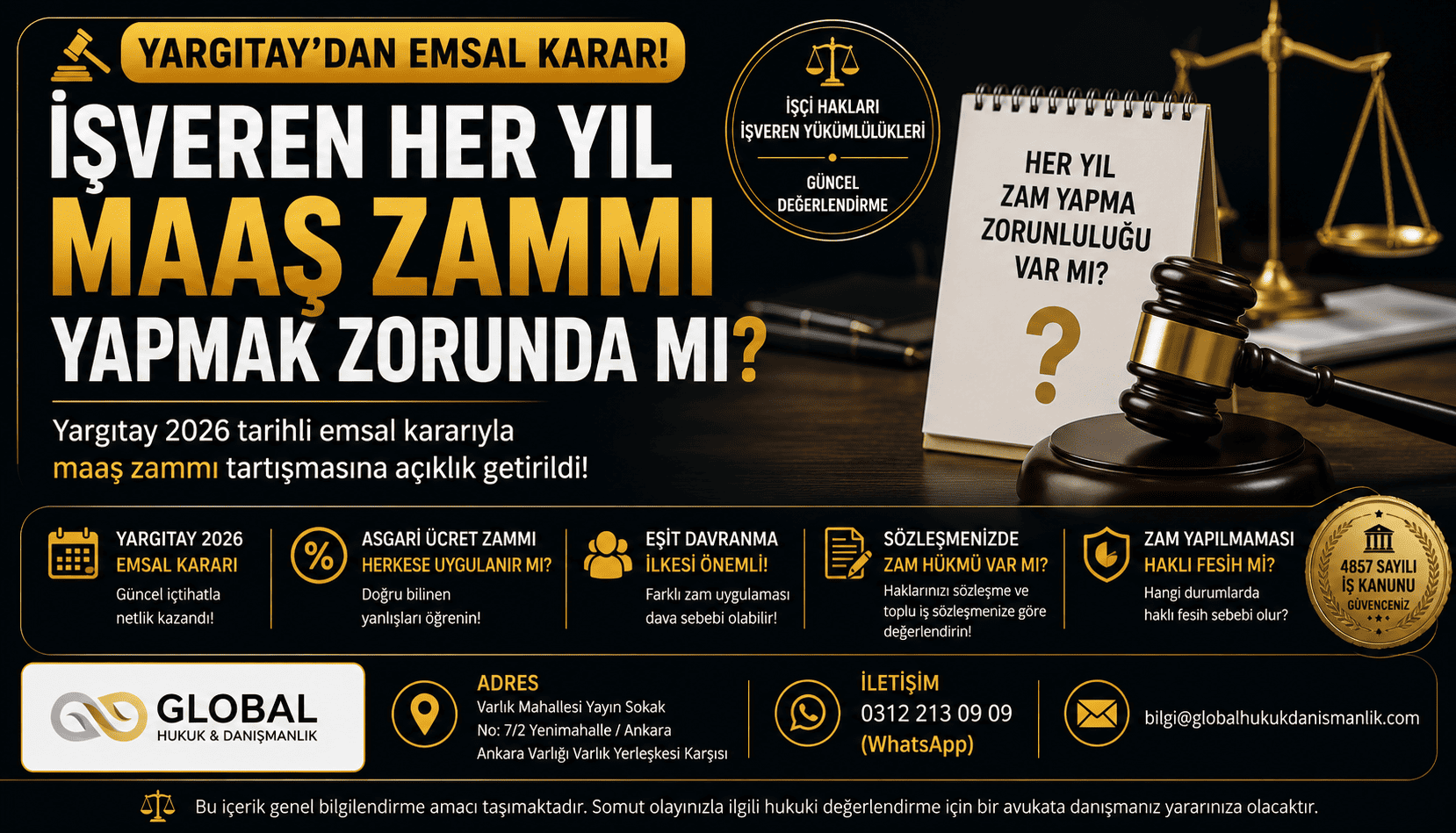 Yargıtay 2026 kararı kapsamında işverenin her yıl maaş zammı yapma zorunluluğu olup olmadığını açıklayan Global Hukuk ve Danışmanlık görseli.