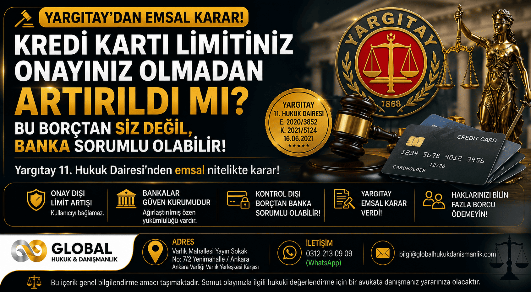 Yargıtay emsal kararı kapsamında kredi kartı limitinin kullanıcının onayı olmadan artırılması ve tüketicinin sorumluluğu hakkında hukuk görseli