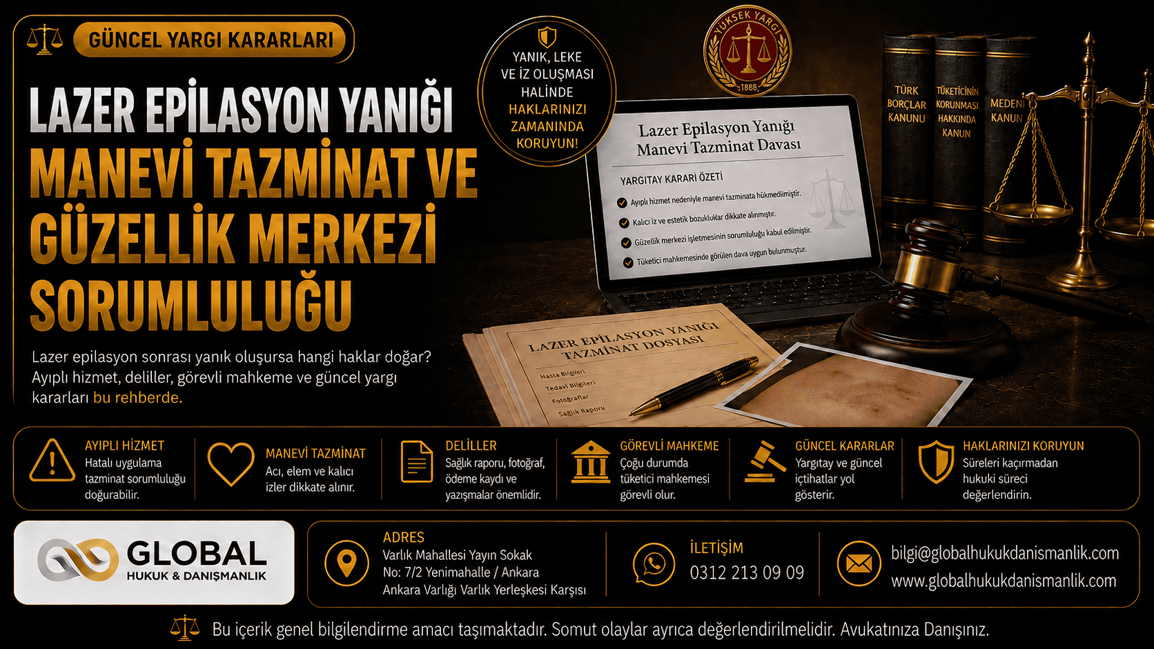 Lazer epilasyon yanığı nedeniyle manevi tazminat davası, güzellik merkezi sorumluluğu ve güncel Yargıtay kararları hakkında bilgilendirici görsel