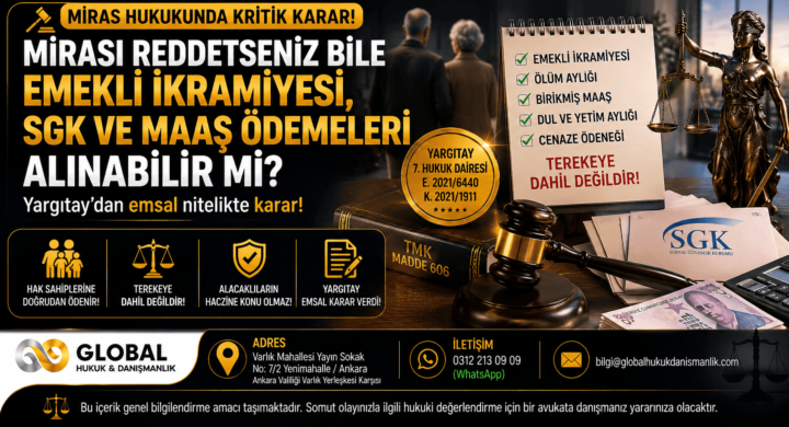 Mirasın reddi halinde emekli ikramiyesi, SGK ve maaş ödemelerinin alınabileceğine ilişkin Yargıtay 7. Hukuk Dairesi kararı hakkında hazırlanan hukuk görseli.