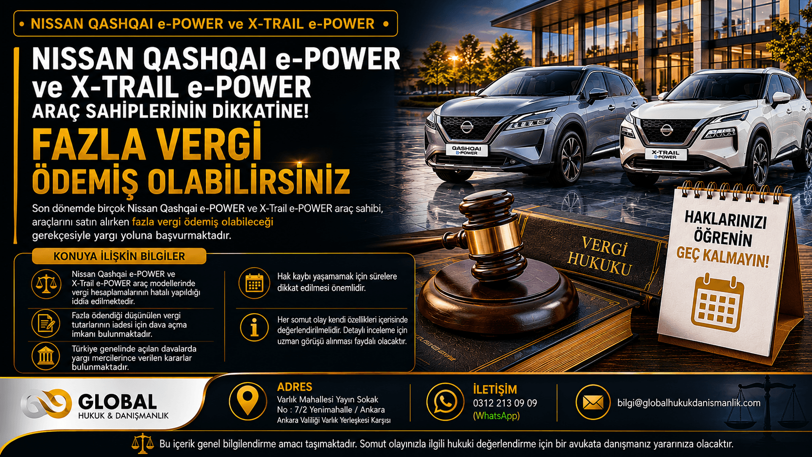 Nissan Qashqai e-POWER ve X-Trail e-POWER araç sahiplerinin fazla vergi ödemiş olabileceklerine ilişkin hukuki süreçleri konu alan bilgilendirme görseli.