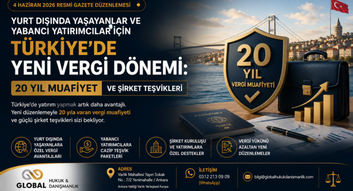 Yurt dışında yaşayanlar ve yabancı yatırımcılar için Türkiye’de uygulanacak vergi avantajları, 20 yıla kadar vergi muafiyeti ve şirket teşviklerini anlatan Global Hukuk & Danışmanlık görseli.