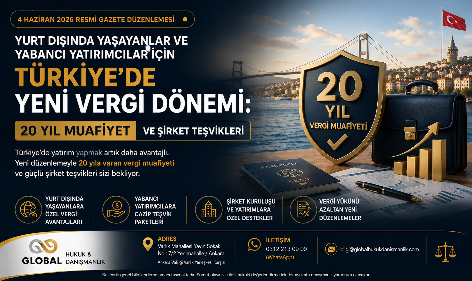 Yurt dışında yaşayanlar ve yabancı yatırımcılar için Türkiye’de uygulanacak vergi avantajları, 20 yıla kadar vergi muafiyeti ve şirket teşviklerini anlatan Global Hukuk & Danışmanlık görseli.