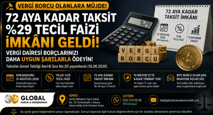 16 Haziran 2026 tarihli düzenleme ile vergi borçlarında 72 aya kadar taksit ve yüzde 29 tecil faizi imkânı