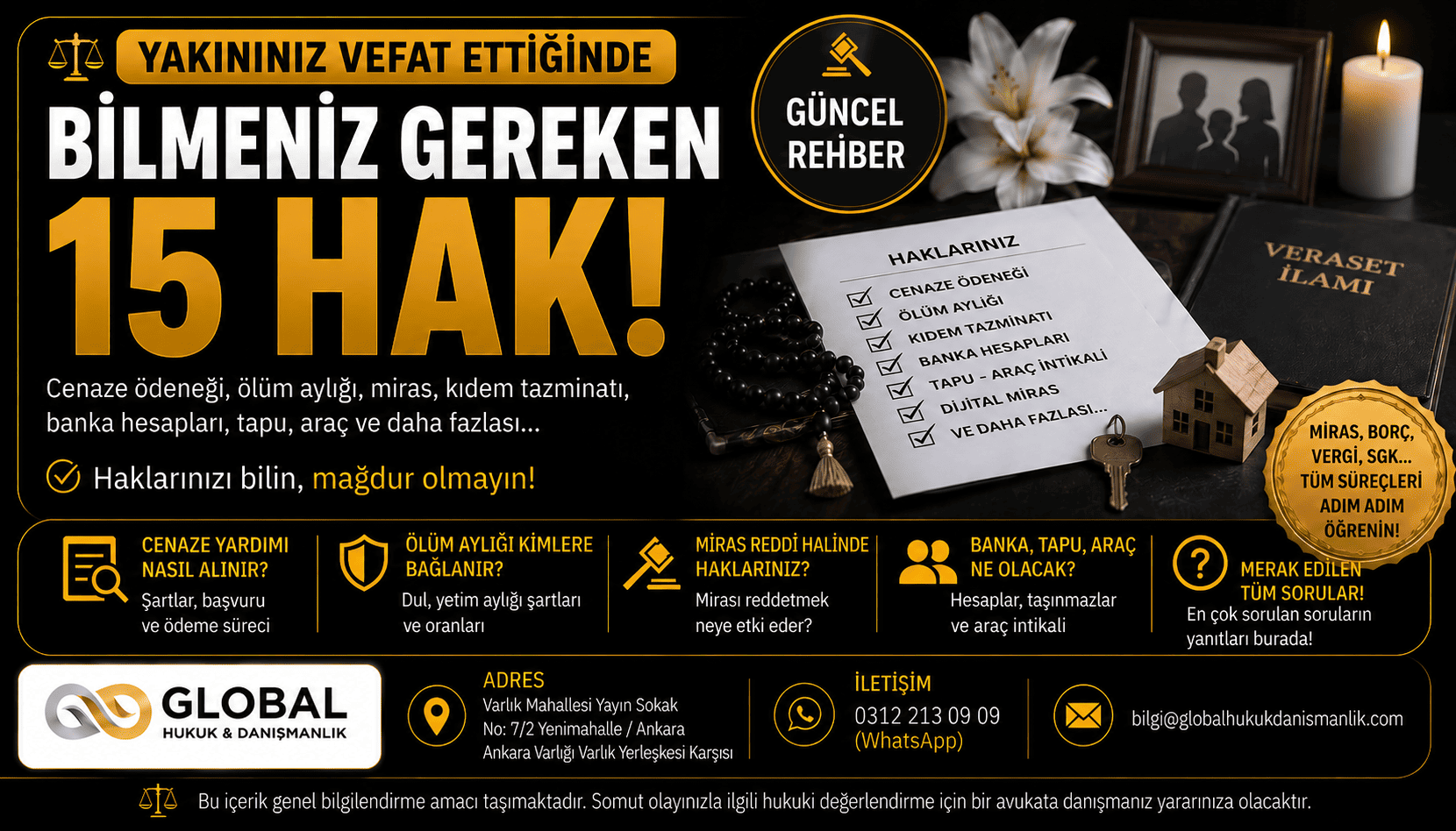 Yakınınız vefat ettiğinde bilmeniz gereken 15 hukuki hakı anlatan cenaze ödeneği, ölüm aylığı, miras paylaşımı, reddi miras ve kıdem tazminatı konulu Global Hukuk & Danışmanlık görseli.