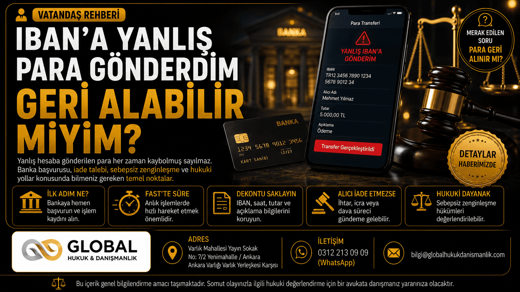 Yanlış IBAN'a para gönderen kişilerin izleyebileceği hukuki süreçler hakkında genel bilgilendirme.