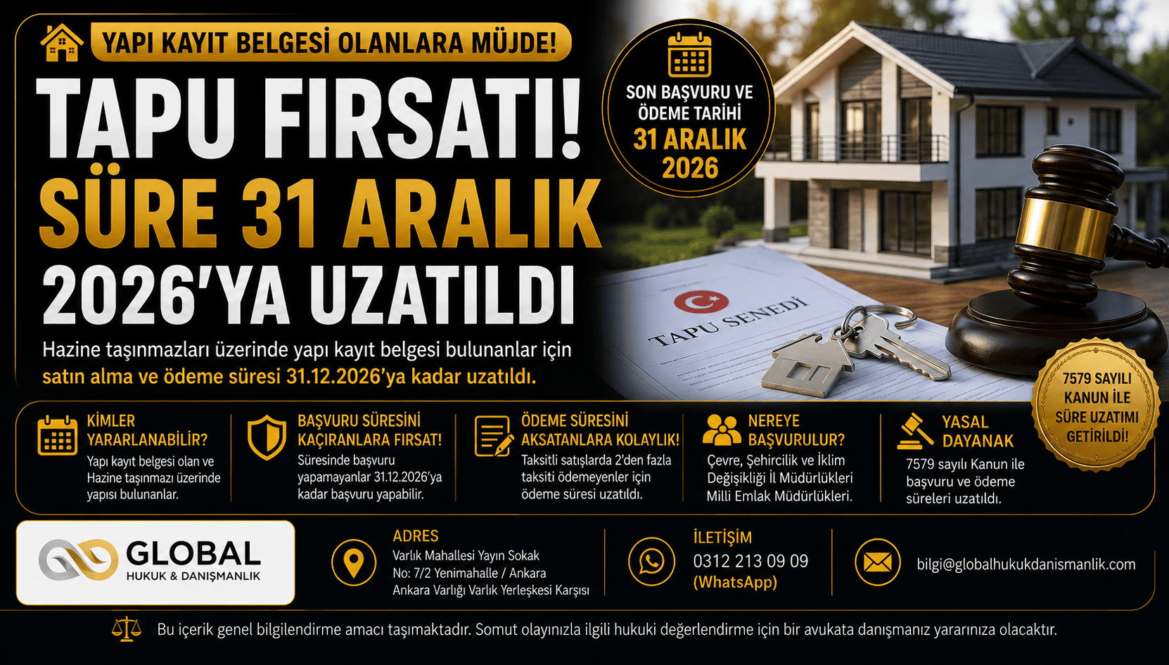 Yapı kayıt belgesi bulunan Hazine taşınmazlarında tapu ve satın alma başvuru süresinin 31 Aralık 2026’ya uzatıldığını anlatan hukuk görseli.