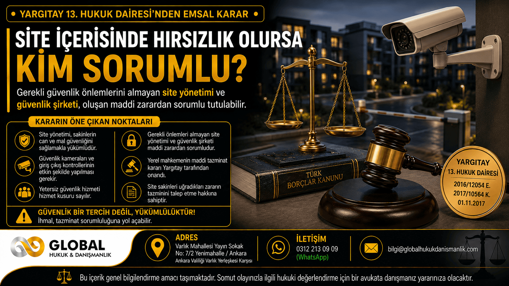 Yargıtay kararına ilişkin site içerisinde meydana gelen hırsızlık olaylarında site yönetimi ve güvenlik şirketinin sorumluluğunu anlatan hukuk görseli.