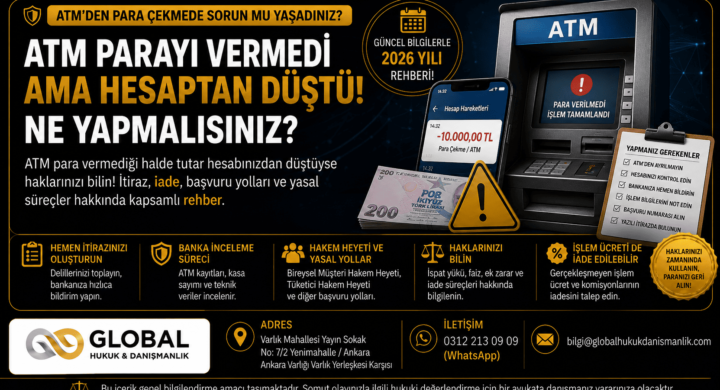 ATM para vermediği hâlde hesaptan para düşmesi durumunda yapılması gerekenleri ve hukuki başvuru yollarını anlatan bilgilendirme görseli