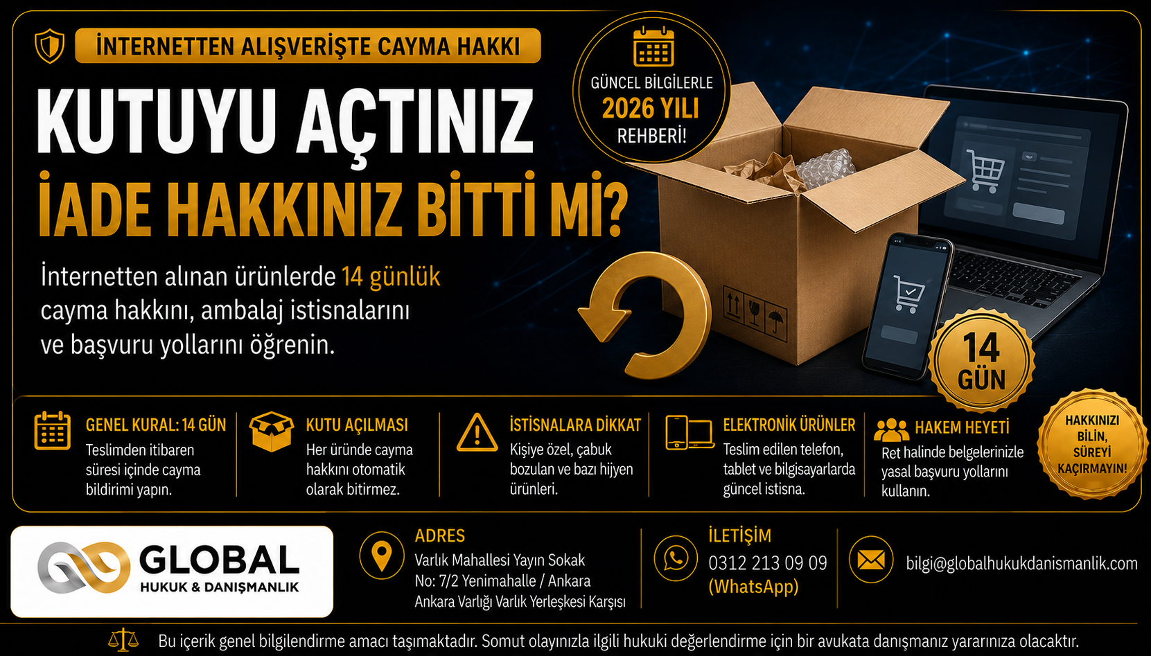 İnternetten alınan kutusu açılmış ürünün 14 günlük cayma hakkı kapsamında iadesini anlatan tüketici hukuku görseli