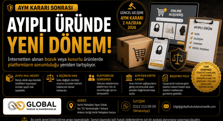 AYM kararı sonrası internetten alınan ayıplı ürünlerde e-ticaret platformlarının sorumluluğu, tüketici hakları ve başvuru yollarını anlatan Global Hukuk & Danışmanlık web öne çıkan görseli.