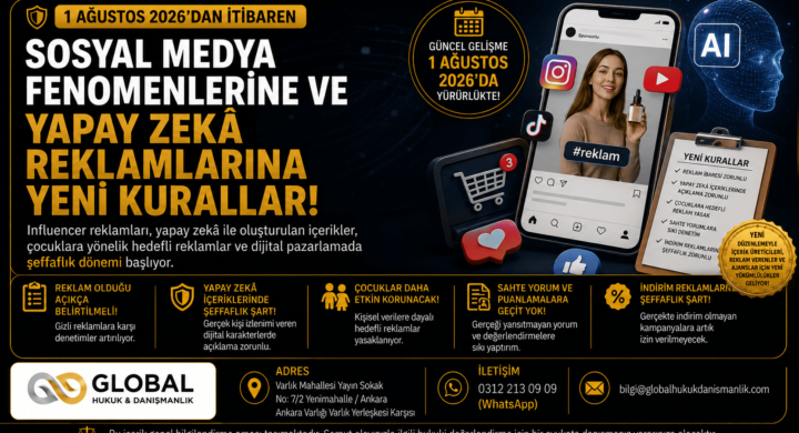 Sosyal medya fenomenleri ve yapay zekâ reklamlarına getirilen yeni kuralları anlatan görsel. 1 Ağustos 2026 tarihinde yürürlüğe girecek düzenleme; influencer reklamları, reklam açıklama zorunluluğu, yapay zekâ içeriklerinde şeffaflık, çocuklara yönelik hedefli reklamlar ve sahte kullanıcı yorumlarına ilişkin önemli değişiklikler içermektedir.