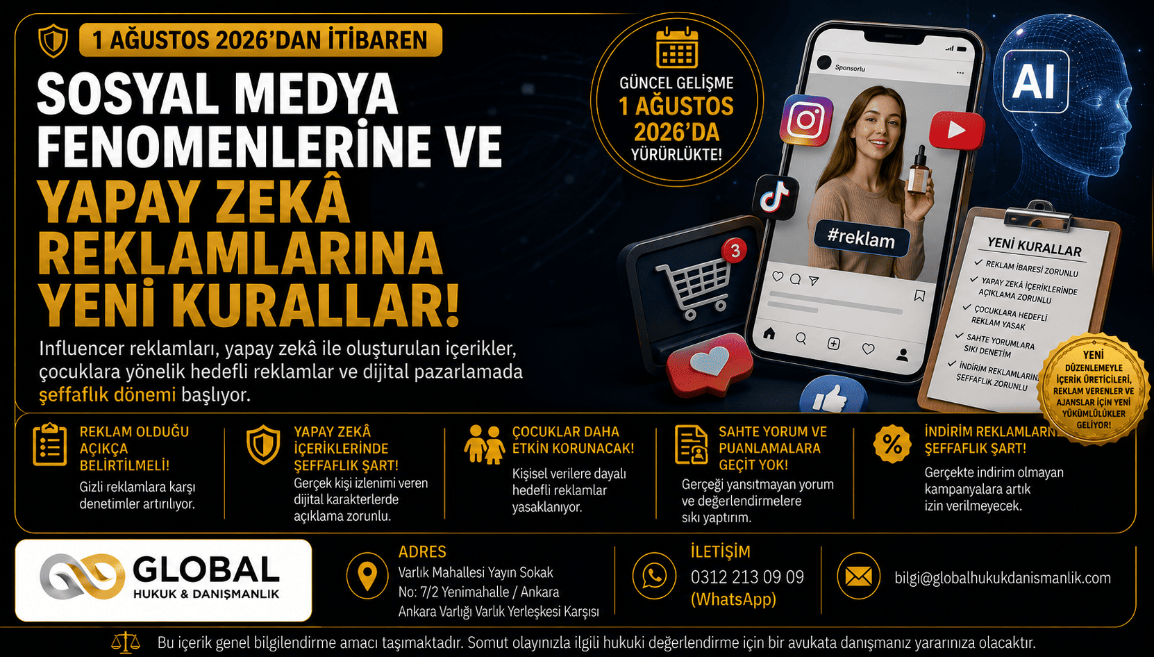 Sosyal medya fenomenleri ve yapay zekâ reklamlarına getirilen yeni kuralları anlatan görsel. 1 Ağustos 2026 tarihinde yürürlüğe girecek düzenleme; influencer reklamları, reklam açıklama zorunluluğu, yapay zekâ içeriklerinde şeffaflık, çocuklara yönelik hedefli reklamlar ve sahte kullanıcı yorumlarına ilişkin önemli değişiklikler içermektedir.