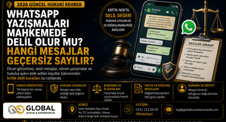 WhatsApp yazışmalarının mahkemede delil olup olmayacağını ve hangi mesajların geçersiz sayılabileceğini anlatan Global Hukuk & Danışmanlık öne çıkan görseli